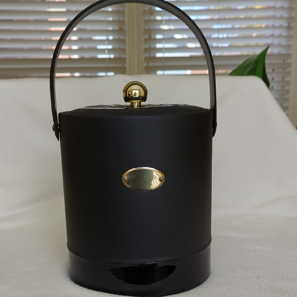 Georges Briard Mid Century Modern Black Faux Leather Ice Bucket.